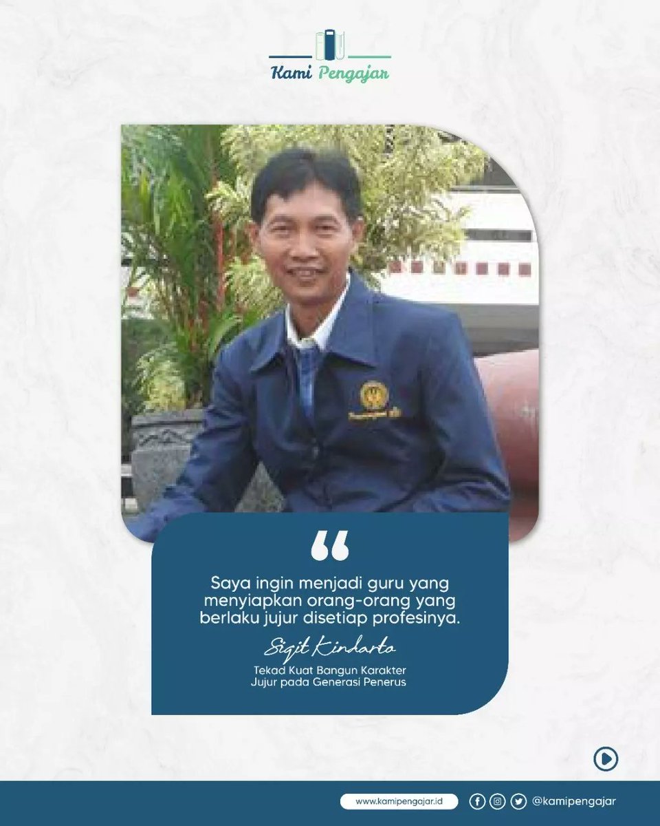 KamiPengajar's tweet photo. Hallo Sobat Pengajar

Kenalan yuk dengan Bapak Sigit Kindarto, salah satu guru inspiratif yang mengajar di SMPN 7 Cilacap, Jawa Tengah. Bagi Pak Sigit, perilaku jujur harus diterapkan pada diri anak dimulai dari hal sederhana dalam kegiatan sehari-hari. https://t.co/yLP4pxd7qm