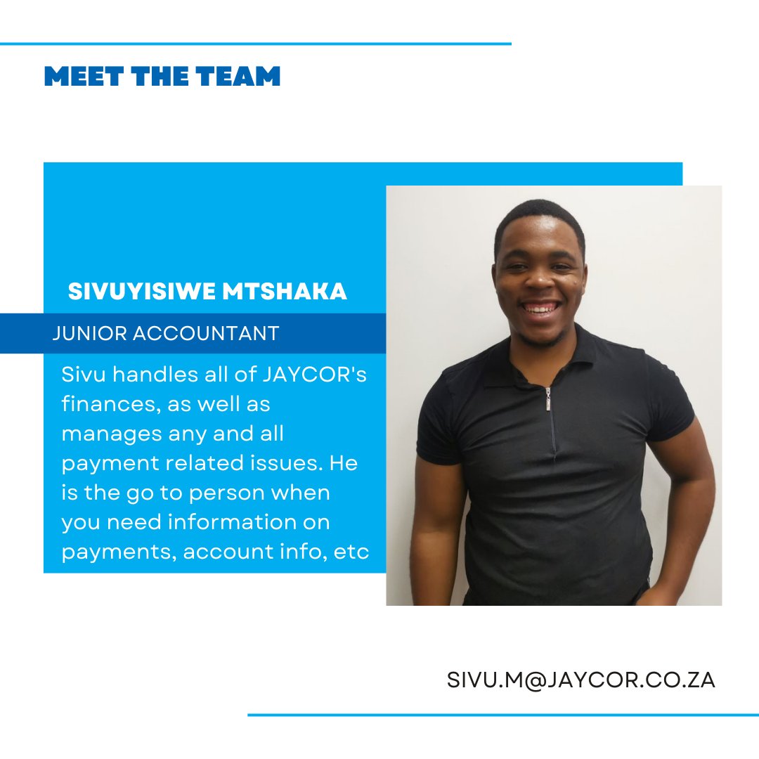 JAYCOR9's tweet photo. Meet Sivu, our Junior Accountant at JAYCOR International, a vital member of the team. Sivu is a financial data whiz, and loves working on reports and trends within the business to aid the senior management team.

#JAYCOR #MeetTheTeam #Sivu #JuniorAccountant https://t.co/nm634fv8Hv