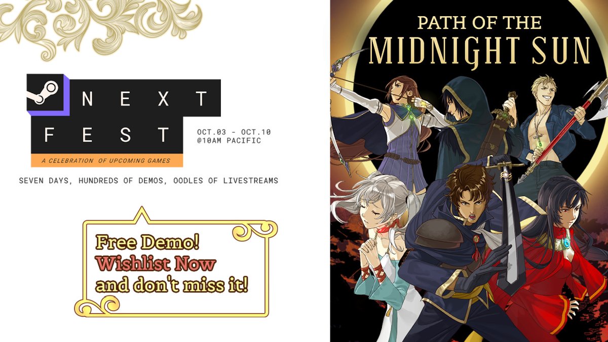 StudioDaimon's tweet photo. Time for an announcement!๐
Path of the Midnight Sun will be featured in #SteamNextFest from Oct. 3rd - 10th!
Wishlist the game now and don't miss the exclusive demo with 3+ hours of content!โจ
Link โ https://t.co/aDaJu3KFEU
#indiegame #indiedev https://t.co/mWRabMQIO0