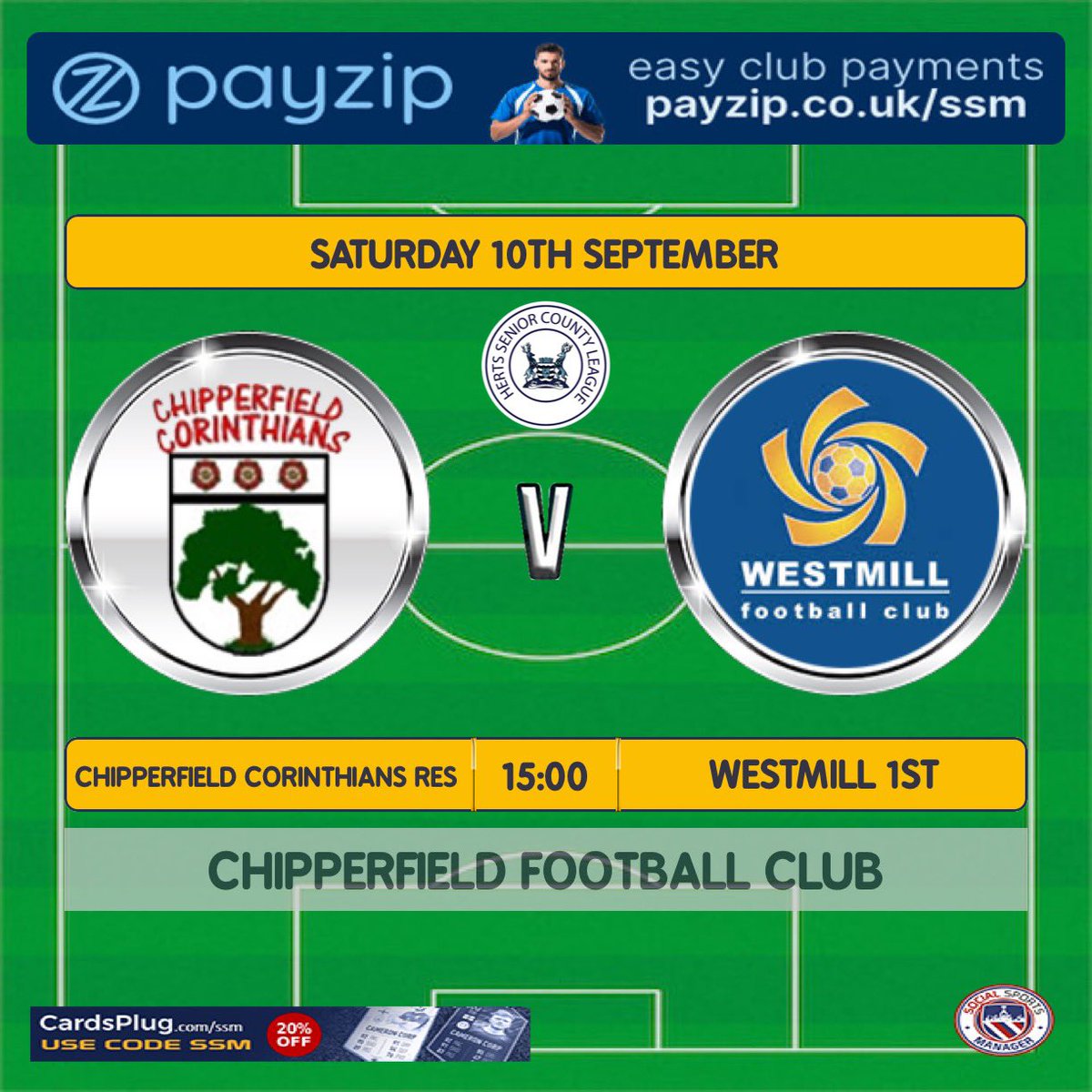 IT’S GAME WEEK

We play our first game in <a href="/hscfl/">HSCL</a> this Saturday away to <a href="/ChipCorinthians/">Chipperfield Corinthians</a> Reserves.
Looking to start well in the league after a solid pre-season seeing us win 6 from 6. Come &amp; support the boys. UTM⚽️

🏟 Chipperfield Football Club
📅 Saturday 10th September
⏰ 15:00