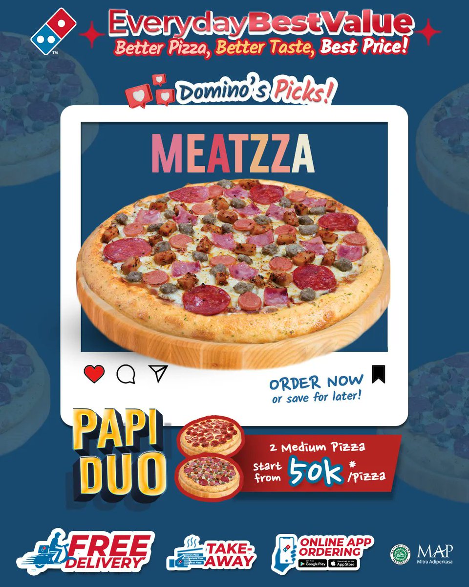 dominos_id's tweet image. #dominospicks 'MEATZZA'  PIZZA

Salah satu Pizza FAVORIT Domizen yang dilengkapi saos Khas Domino's bertabur topping serba daging. Medium mulai dari 82rb-an.

#tipshemat with PAPI DUO; Paket 2 Med. Pizza mulai dari 50rb/pizza*. HEMAT s/d 43%. BEBAS pilih topping &amp;amp; Crust.