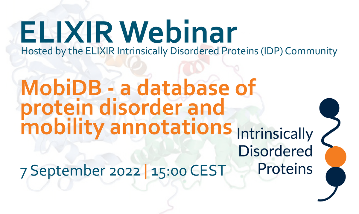 ELIXIREurope's tweet photo. 🔊Join the 3rd webinar of the ELIXIR #IDPCommunity series tomorrow!
Featuring @FedeQuaglia89 talking about MobiDB – a database of protein disorder and mobility annotations
👉 Find out more and register: https://t.co/t4X0oR13Bk https://t.co/E3mMFmN5l6
