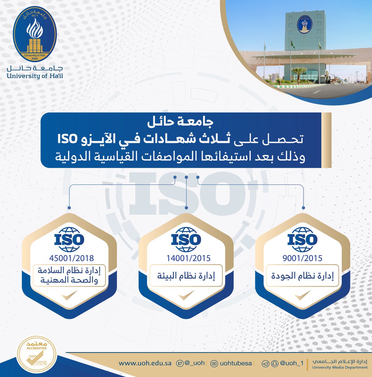 _UOH's tweet image. #إعلان| #جامعة_حائل تحصل على ثلاث شهادات في الآيزو ISO، وذلك بعد استيفائها المواصفات القياسية الدولية.