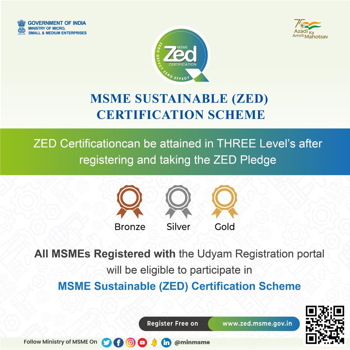 minmsme's tweet photo. MSME Sustainable (ZED) Certification initiates your enterprise into the journey of sustainability and efficiency that transforms it into a Zero Defect Zero Effect organization. Register today to get ZED certified.
#MSME #ZEDscheme #AmritMahotsav https://t.co/VsmfRyGcWB