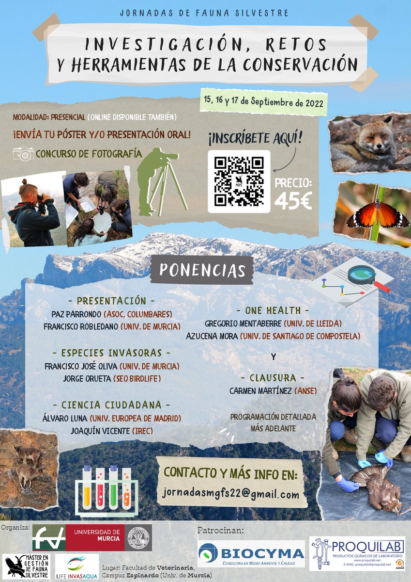 🚨ÚLTIMOS DÍAS🚨

⚠️Este viernes⚠️se cierra el plazo de #matrícula de las #JFSMurcia22.

Un evento de intercambio de conocimiento y experiencias y vivencias; además de un importante componente académico.

🐺🐸🦌🔭💉

¡Te esperamos!

casiopea.um.es/cursospe/fauna…