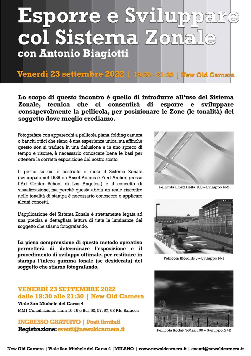 biagiotti71's tweet photo. Venerdì 23 settembre da New Old Camera, Milano.
Impareremo ad esporre e sviluppare secondo i dettami del Sistema Zonale.
Ingresso gratuito ma prenotazione obbligatoria, posti limitati.
Per prenotarsi: eventi@newoldcamera.it

#Sistemazonale #fotografiatradizionaleapellicola https://t.co/bZwofJhksq