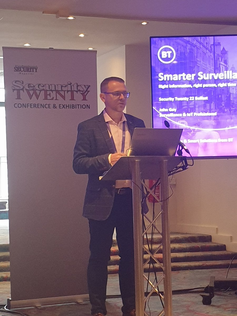 John Goy from BT Surveillance & Smart Solutions discussing smart surveillance, right information, right person, right time at the Professional Security magazine ST22 Belfast conference today. @profsecmag @Profsecman @SECURITYTWENTY @BTBusiness