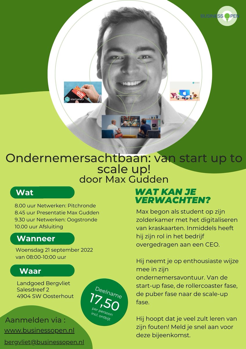 Wil jij meer weten over de turbulente start van Max Gudden zijn onderneming en hoe hij zijn bedrijf van start-up naar scale-up bracht? Kom dat woensdag 21 september  naar Business Open Bergvliet.

Aanmelden: businessopen.nl/netwerkclubs/n…

#Netwerken #Golf #Scaleup #Ondernemen