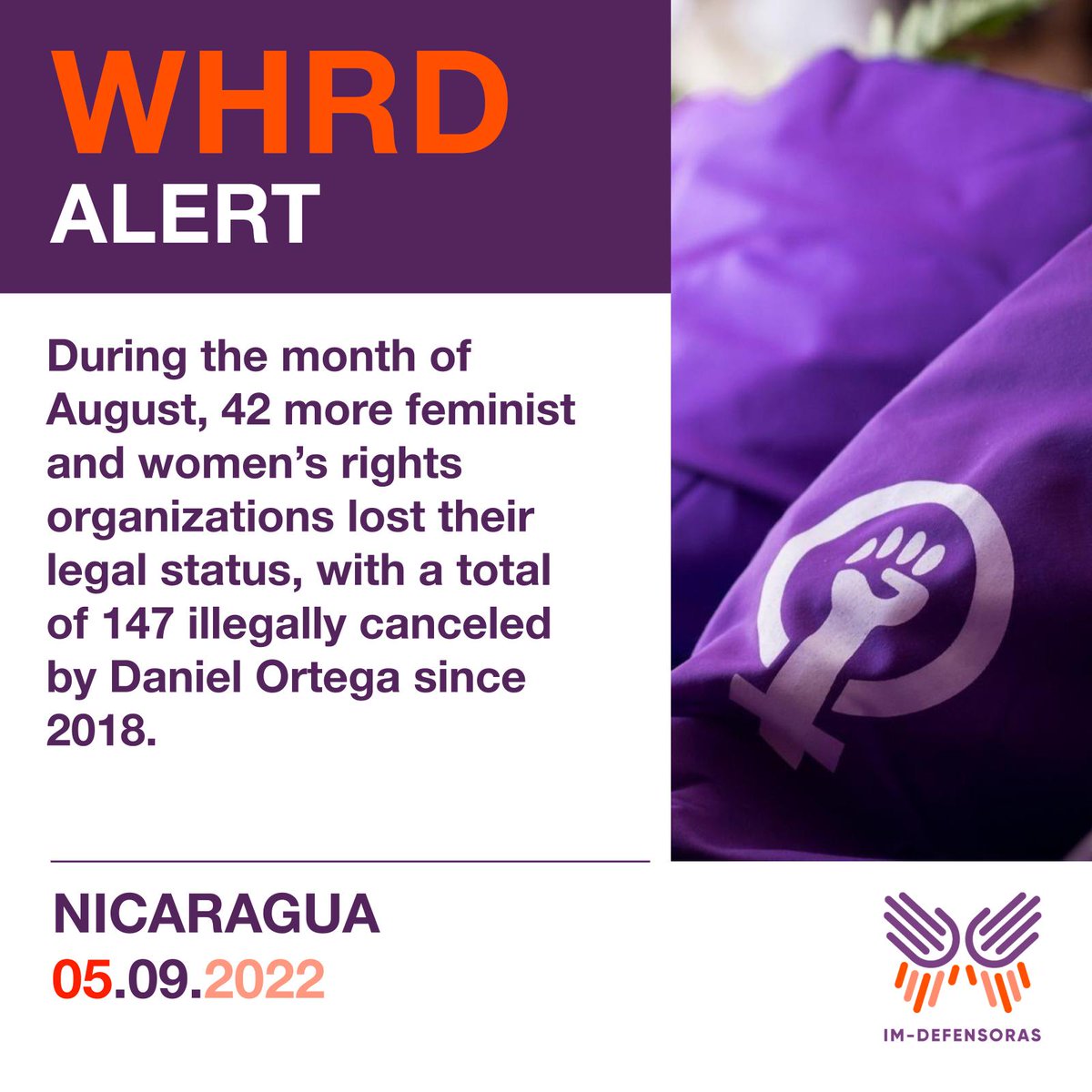 IM_Defensoras's tweet photo. 📢⚠️🚨#WHRDAlert NICARAGUA / During the month of August, 42 more feminist and women’s rights organizations lost their legal status, with a total of 147 illegally canceled by Daniel Ortega since 2018.
📌For more information➡️https://t.co/6xU0whhxlJ https://t.co/WCM8sezH3P