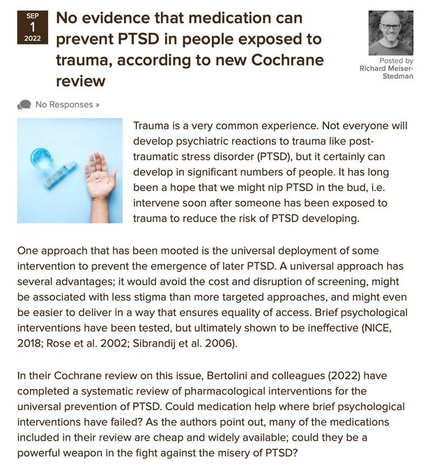 Thanks @RMeiserStedman an excellent @Mental_Elf article ⬇️ exploring our #cochranereview by F Bertolini et al, which finds no evidence for the use of medication to prevent the onset of #PTSD in people who have been exposed to a traumatic event elfi.sh/3KyKZ4k @crd_york