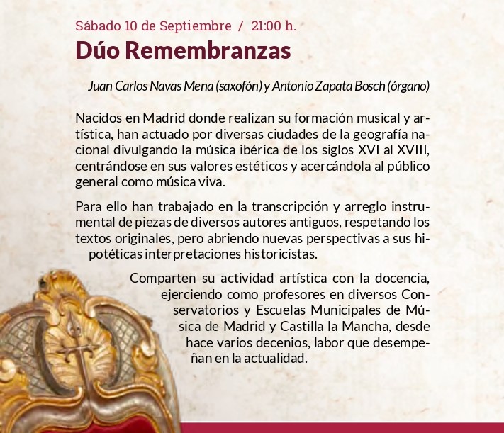 OrganodeLaTorre's tweet photo. Próximo concierto: Dúo Remembranzas.
Saxofón y órgano.
Sábado, 10 de septiembre / 21:00 horas .
Entrada libre y gratuita (A las 20:00 horas, misa acompañada de órgano) https://t.co/Z4NE9jda1j