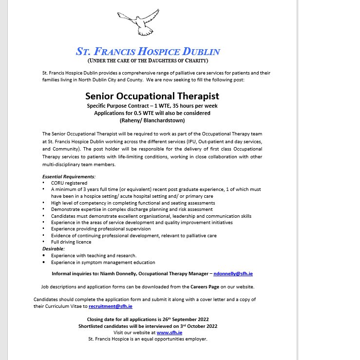 SFHDublin's tweet photo. An exciting opportunity has arisen in our Occupational Therapy department here in St Francis Hospice, Dublin - read on for more details
#OT #OccupationalTherapy #PalliativeCare #Joboppourtunity https://t.co/jYxW2sRFJM