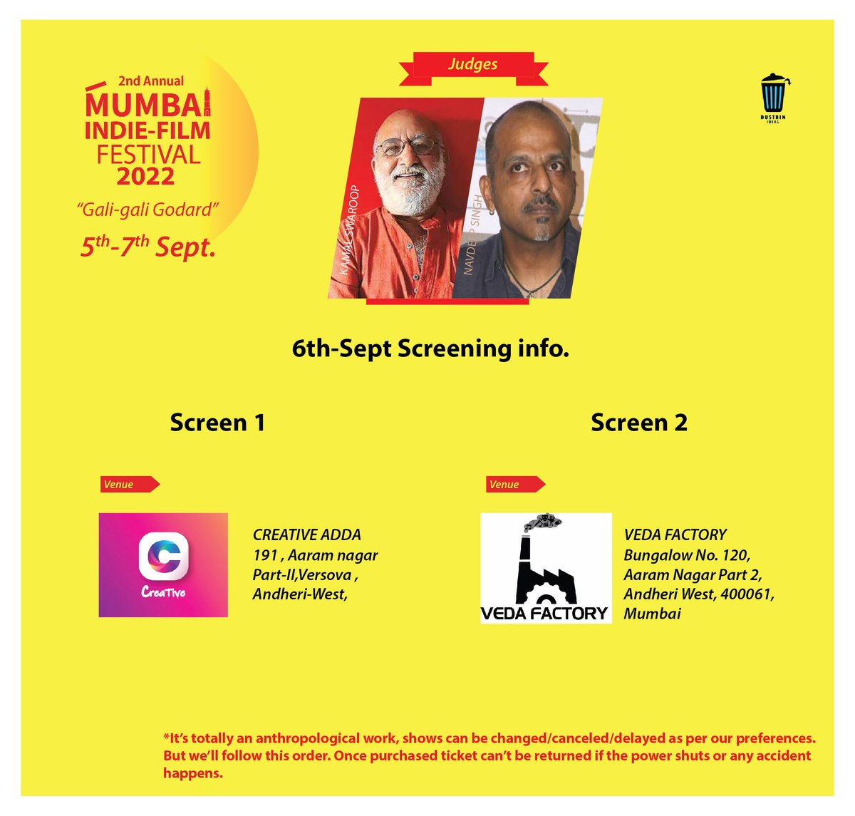 MumbaiIndiefilm's tweet photo. Today's screening chart,
#CreativeAdda #VedaFactory
#MumbaiIndiefilmFestival22 https://t.co/BJqw678dcX