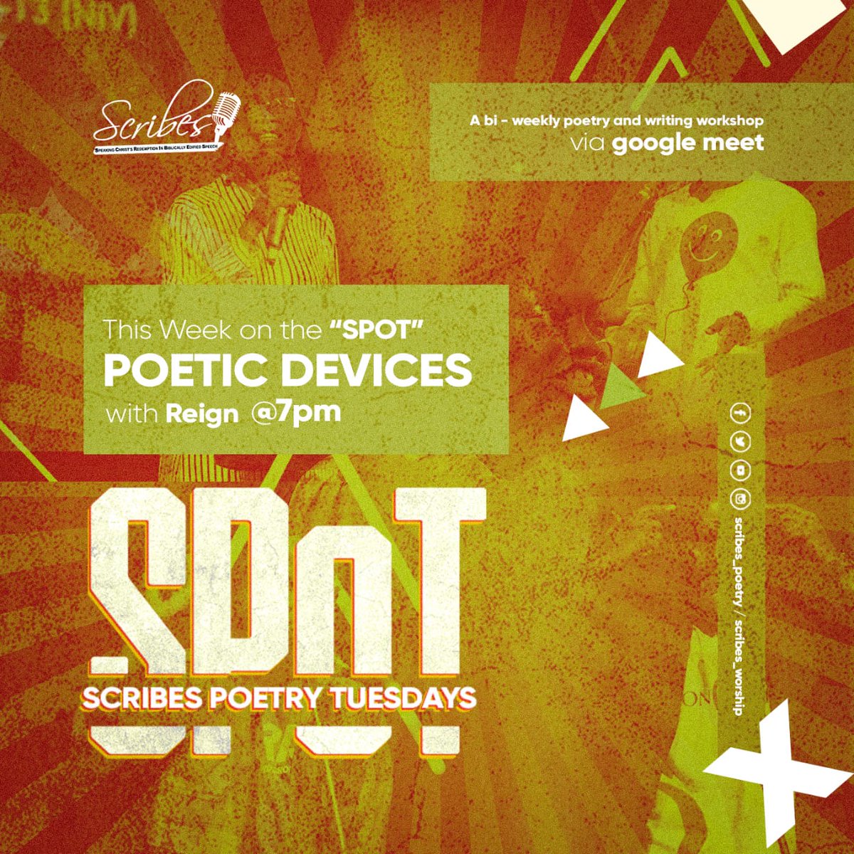 scribes_global's tweet photo. Our Poetry workshop comes off today at 7pm. We will be learning on the topic - Poetic Devices

The speaker is @reignseth87 and moderated by Fiona on Google Meet. 

Link:
https://t.co/fS9wekpkOV

#ScribesGlobal
#OurMonthofExcellence
#WatchWhileWaiting https://t.co/keTBADaIyn