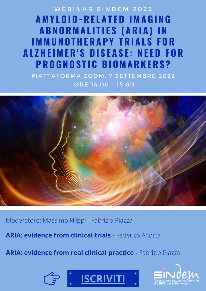 SINdem_Ass's tweet photo. 📅 WEBINAR SINdem 2022
“Amyloid-Related Imaging Abnormalities (ARIA) in immunotherapy trials for alzheimer' s disease: need for prognostic biomarkers?”
⚠ DOMANI mercoledì 7 settembre dalle ore 14:00 alle ore 15:00.
Iscriviti al link: https://t.co/pQuf6dCcDx
#demenza #sindem https://t.co/ZJER7jT7bN