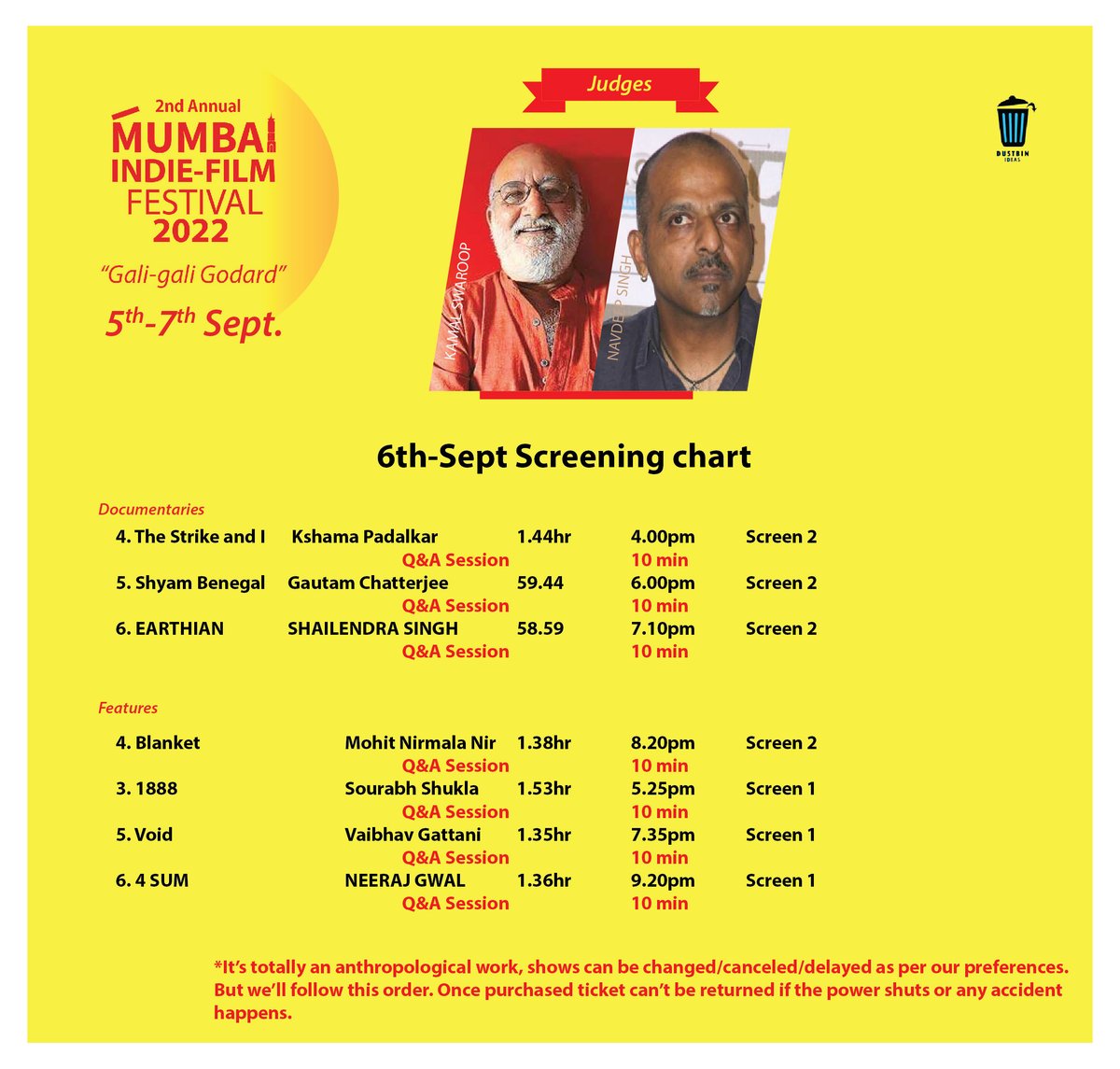 MumbaiIndiefilm's tweet photo. Today's screening chart,
#CreativeAdda #VedaFactory
#MumbaiIndiefilmFestival22 https://t.co/BJqw678dcX