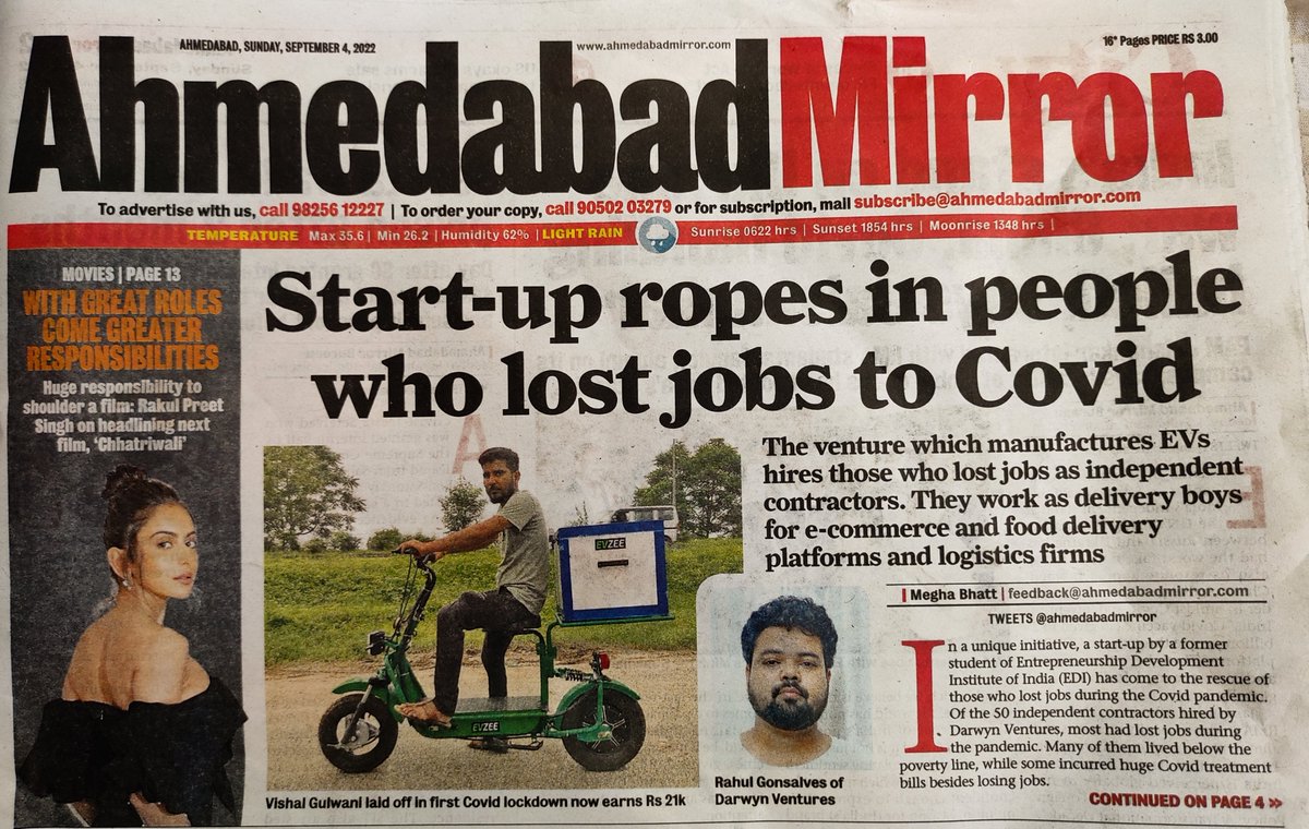 evzeeindia's tweet photo. Thankyou Ahmedabad Mirror for featuring us in your front page.
Check out the entire article below!
At EVZEE, we have helped more than 2000+ people who lost their jobs during Covid to earn a living using our electric vehicles at a nominal cost.
#electricvehicles #ebikes https://t.co/QseIlWKL9G