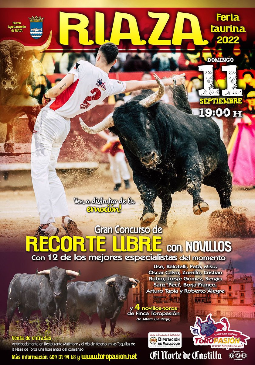 CONCURSO DE RECORTES EN #RIAZA
Domingo 11/09/2022 a las 19:00 horas en la #PlazaDeTorosDeRiaza organizado por <a href="/toropasion/">Toropasión</a>  
#Riaza #Segovia #FestejosTaurinos