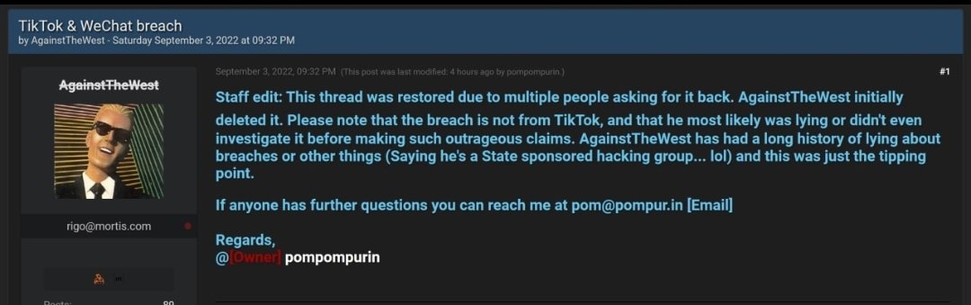 Cyberknow20's tweet photo. The owner and admin of #breachforums has provided an update on the #tiktok thread.

#cybersecurity #infosec https://t.co/KPDpVxgGD8