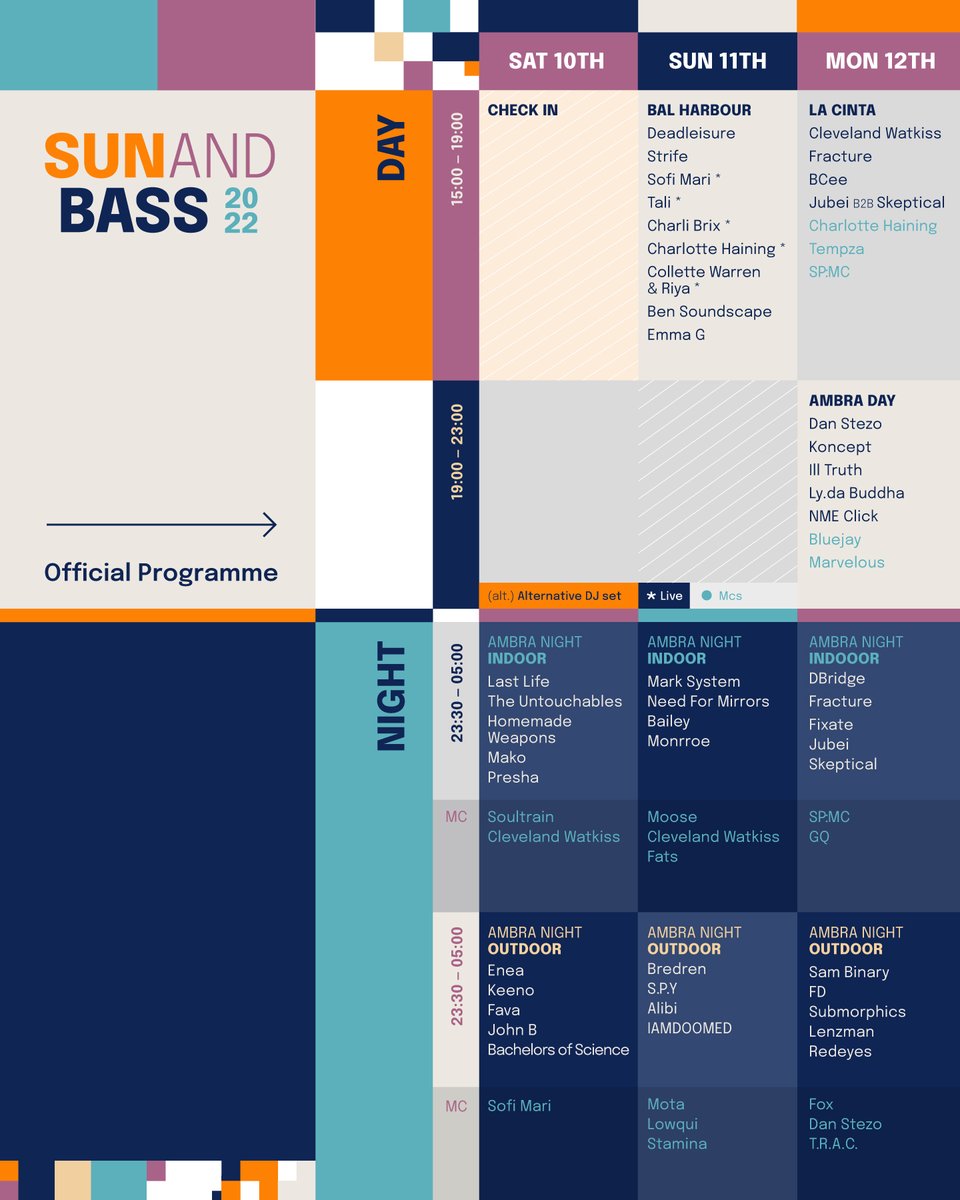 sunandbass's tweet photo. Alright gang, let's go! 
Here's the full line up for #SUNANDBASS2022 💥

Be sure to swipe to see the whole week of drum'n'bass magic. 
See you real soon ❤️
#dnbfamily #drumandbass #sunandbass https://t.co/ZjxjIQT93M