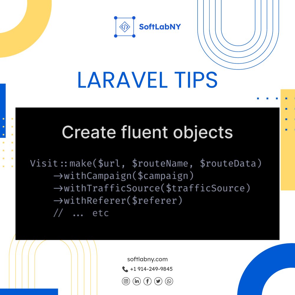 SoftLabNY's tweet photo. You can also create objects with fluent APIs. Gradually add data by with separate calls, and only require the absolute minimum in the constructor.
Each method will return $this, so you can stop at any call.
#SoftLabNY #Laravel #Tips https://t.co/pyK4vome2i