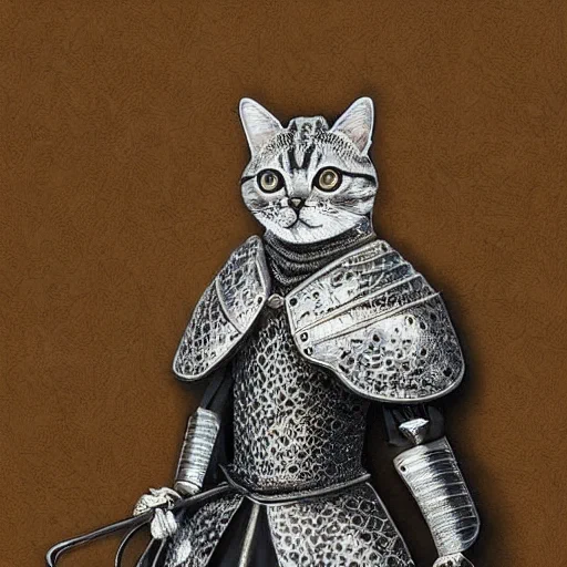 猫騎士#stablediffusion "a cat knight, portrait, finely detailed armor, intricate design, silver, silk, cinematic lighting" 