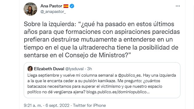 He tenido que buscar el tweet original para creerlo. 🤦

Lo dice Ana Pastor <a href="/_anapastor_/">Ana Pastor 🇪🇸</a>, compañera de Antonio García Ferreras, que difundió las noticias faltas contra @Podemos y Pablo Iglesias que dinamitaron la mayor coalición a la izquierda del PSOE que lideraba las encuestas.