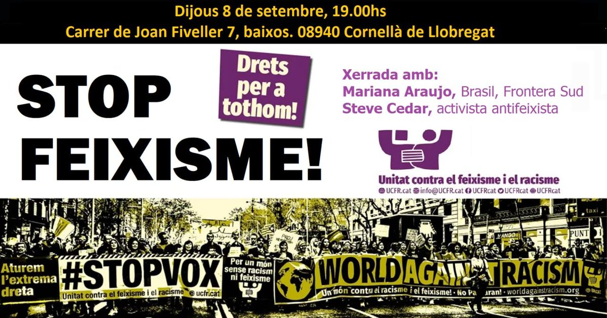 ComunistesKNY's tweet photo. 🛑✊Fita important de la lluita antiracista a #Cornellà #KNY 

UCFR Cornellà organitza la xerrada amb 
@mnicolatoa i @steve_cedar

🗓️ Aquest dijous 08/09
🕖 19h
📍 Joan Fiveller 7 bxs, Cornellà de Llobregat
#StopFeixisme #StopVOX  #DretsPerATothom https://t.co/q0vB9X4mN9