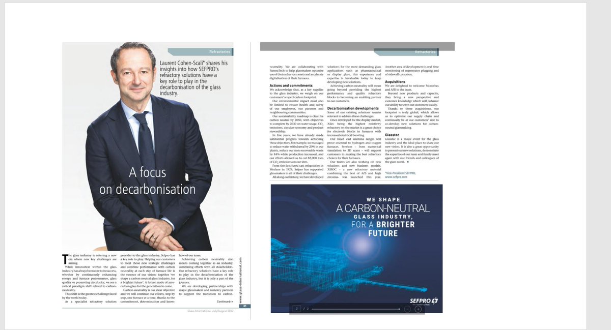 saintgobain's tweet photo. [#NetZero2050]
🎙️Laurent Cohen-Scali, #SEFPRO's VP, shares his views about how SEFPRO's refractory solutions have a key role to play in decarbonizing the glass industry.
✒️@Glass_Int
👉Read the interview : 🔗 https://t.co/V4urj3tXs6 https://t.co/cxDIZXOStg