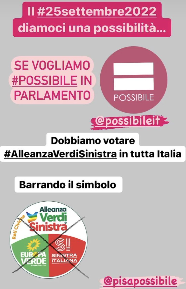 Il #25settembre2022 diamoci una possibilità!
Per portare #Possibile in Parlamento dobbiamo votare in tutta Italia la lista #AlleanzaVerdiSinistra. 
#ElezioniPolitiche2022 
<a href="/PossibileIt/">Possibile</a> <a href="/SpettinatiPisa/">Pisa Possibile - Spettinati</a>