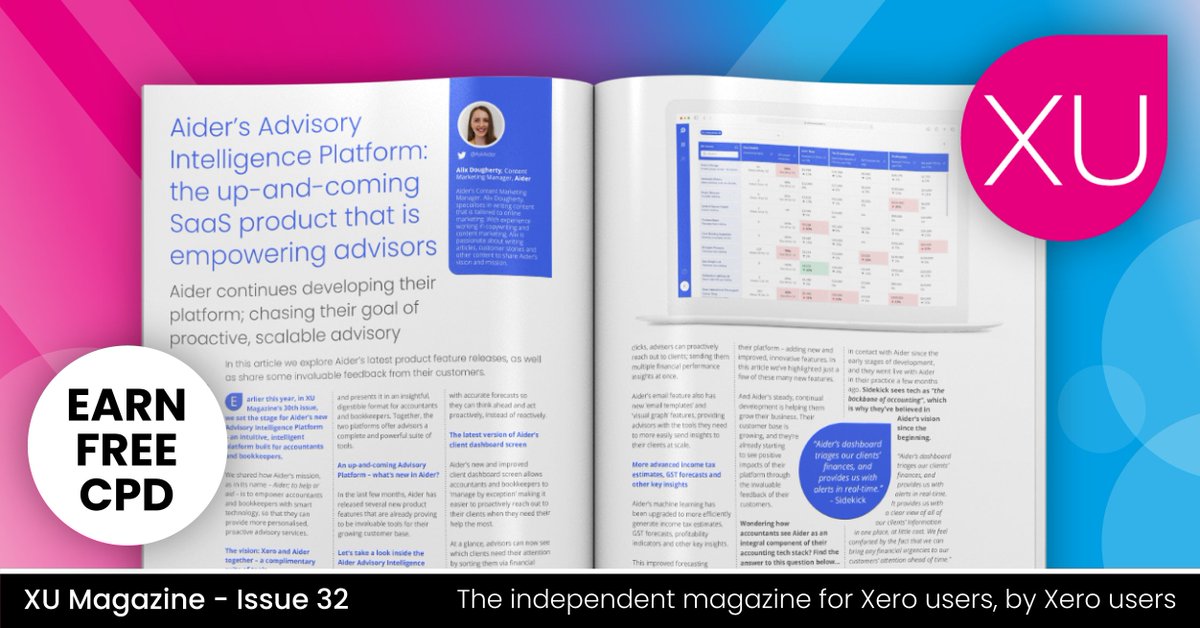 xumagazine's tweet photo. Aider’s #Advisory Intelligence Platform is the up-and-coming #SaaS product that is empowering advisors! 

Check out what new product features  @AskAider has released recently 👉 https://t.co/cvervfUsEl

#Xero #Accounting #Bookkeeping #BusinessAdvice #BusinessTools https://t.co/GcUg2fVwfc