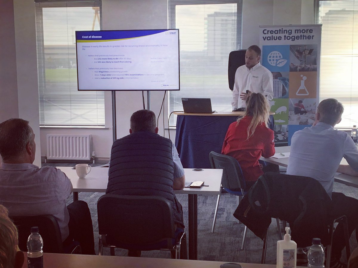 Listening to @ajbrown_96 from <a href="/TrouwNutr_IRE/">Trouw Nutrition Ireland</a> discussing pre waned Heifers that previously had diarrhoea

↪️ Had 50g/d less pre-weaning growth

↪️ Were 7 days older and required +10% inseminations to become pregnant 

↪️ Had a reduction of 325 kg of milk in first lactation