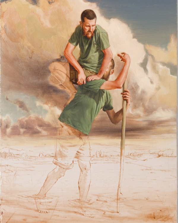 In this work Cerutti depicts two figures placed in an expansive setting representing the divide between Heaven and Earth. Both the setting and composition remind the viewer of the story of St. Christopher, patron saint of travellers. 

"Soliloquio", (IV), 2020