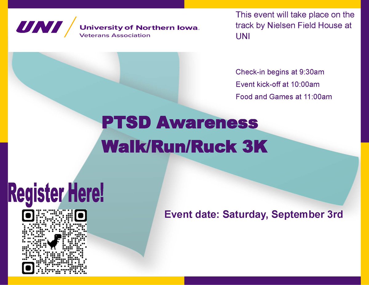 InvolvementUNI's tweet photo. Get registered for the Veterans Association's PTSD Awareness Walk/Run/Ruck/ 3K to show your support to PTSD Awareness. https://t.co/2DpnfBnNk8