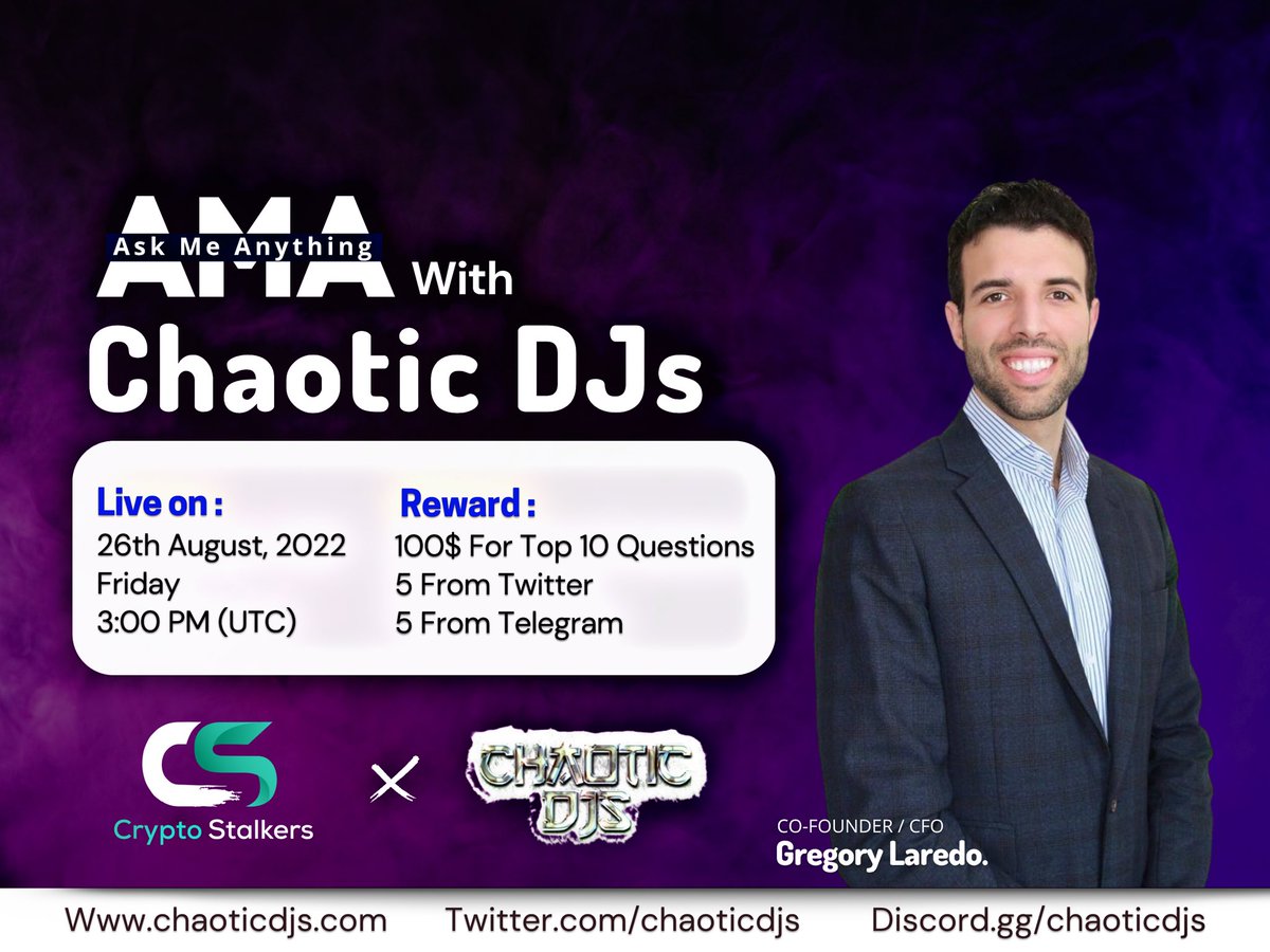 Zain_Onchain's tweet photo. 📢 We're thrilled to announce our next #AMA with @chaoticdjs on 26th August 3:00 PM UTC

💰 Reward Pool: 100$ 
📍 Venue: https://t.co/4koyOUms1v
〽️ Rules:
✅ Follow @StalkersCrypto &amp; @chaoticdjs 
✅Like &amp; Retweet
✅Comment Questions &amp; Tag 3 Friends with BEP20 address https://t.co/CIZLVLublD