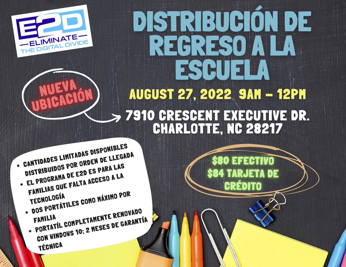 E2D presenta una oportunidad para las familias que actualmente carecen de suficiente acceso a la tecnología para comprar computadoras portátiles a un precio asequible. Cuándo: 27 de agosto de 2022 9AM-12PM Dónde: 7910 Crescent Executive Dr. Charlotte, NC 28217