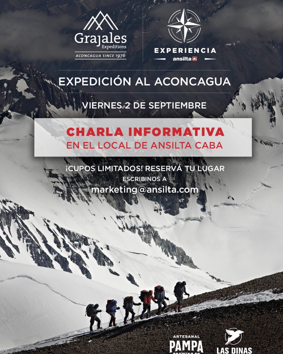 ¿Quieres aprender más sobre #ACONCAGUA? ¿Vives en Buenos Aires? 
¡Tu oportunidad es ahora! Contacta a <a href="/AnsiltaOficial/">Ansilta</a> para reservar tu lugar y escuchar a nuestro CEO en una oportunidad única — #GRAJALESEXPEDITIONS