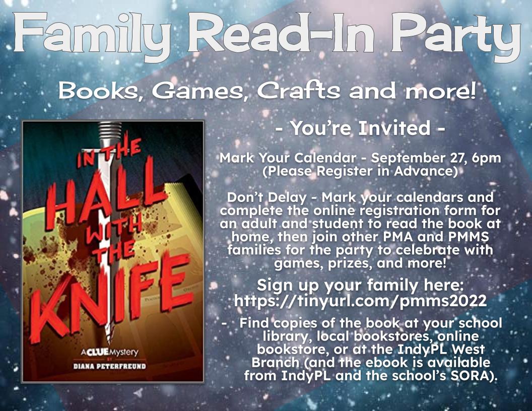 lesliepreddy's tweet photo. PMMS/PMA - Sign up for the party! We have a crazy mystery scavenger hunt game planned for you! Student and adult read "In the Hall with the Knife" before the party, then join us Sept 27 at 6pm to celebrate with games, crafts, and snacks! Get signed up: https://t.co/smRMC9fT4k https://t.co/m6AziffX3V