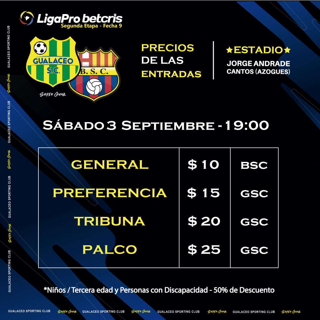 🎫 Precios de las entradas 🎫 

🗣 Hinchada del Súper Guala, hoy a partir de las 12h00 se inicia con la venta de boletos digitales para el compromiso entre #GualaceoSc vs #BarcelonaSc.

👉🏼🎫: bit.ly/3aLbXrI

El día martes iniciaremos la venta de los boletos físicos.