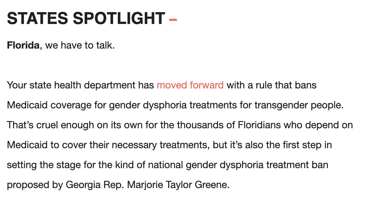 RewireNewsGroup's tweet photo. #InYourInbox this morning: @Hegemommy calls an emergency meeting with Floridians, whose state health department has moved forward with a rule that bans Medicaid coverage for gender dysphoria treatments for transgender people. https://t.co/AyNgKvN2q6