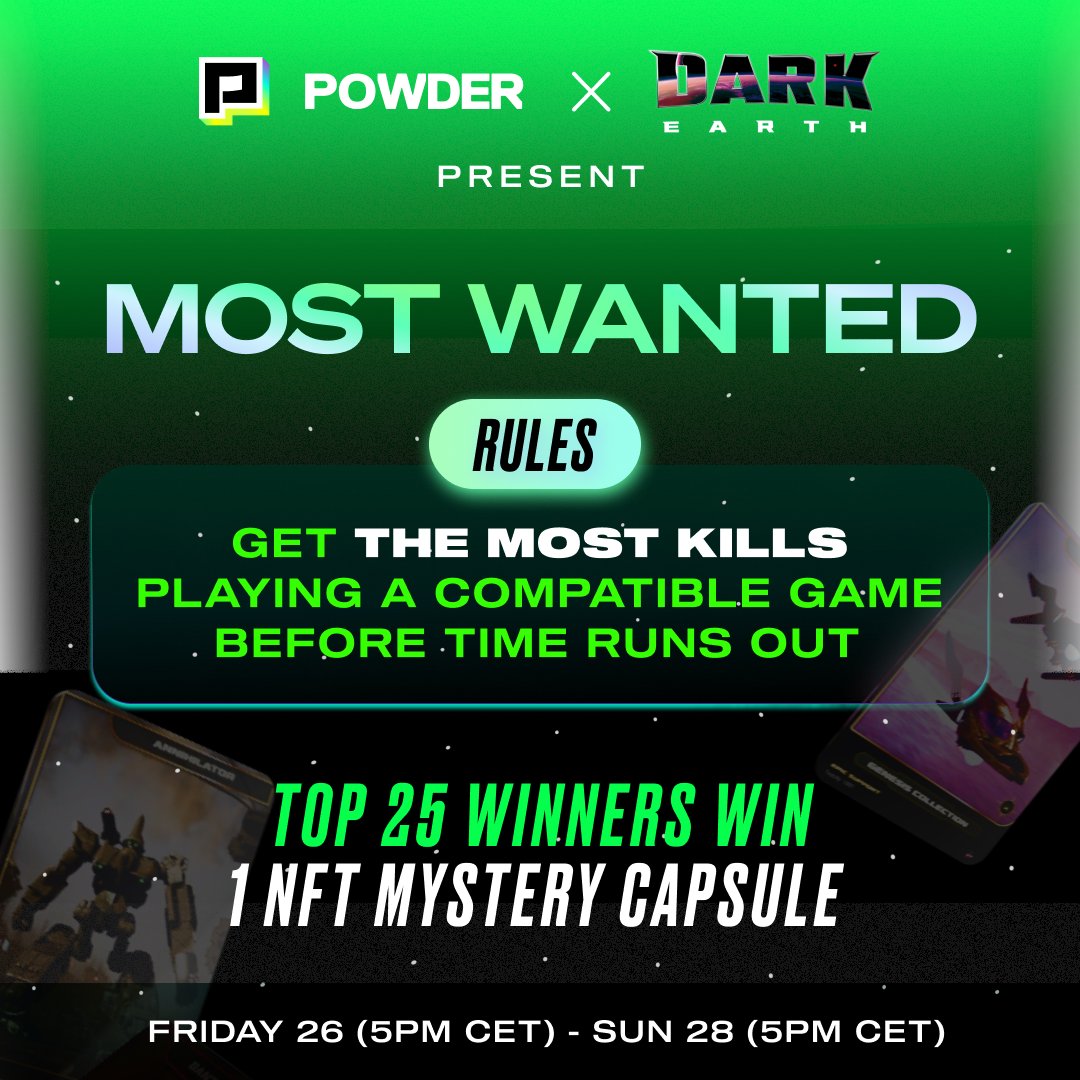 Powder (@powder_video) on Twitter photo The countdown for the challenge has started! โณ
โ๏ธ Most Wanted challenge brought to you by @Powder_gg X <a href="/DarkEarthgame/">Dark Earth</a> in #powderpc ๐ฅ
๐ช Play some of your favourite supported games to win NFT prizes The countdown for the challenge has started! โณ
โ๏ธ Most Wanted challenge brought to you by @Powder_gg X <a href="/DarkEarthgame/">Dark Earth</a> in #powderpc ๐ฅ
๐ช Play some of your favourite supported games to win NFT prizes