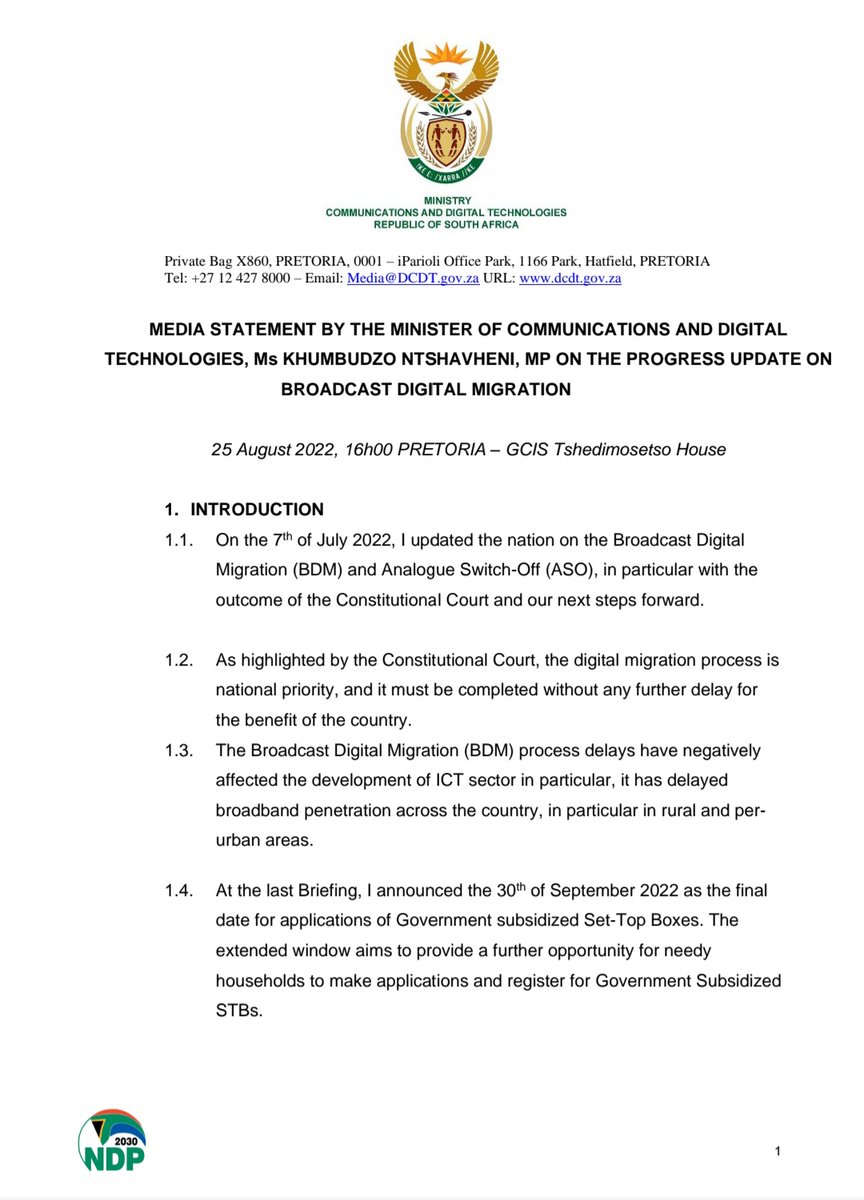 Khu_Ntshavheni's tweet photo. Media Statement  on the progress update of the  Broacast Digital  Migration. https://t.co/WrFMLtwSKY