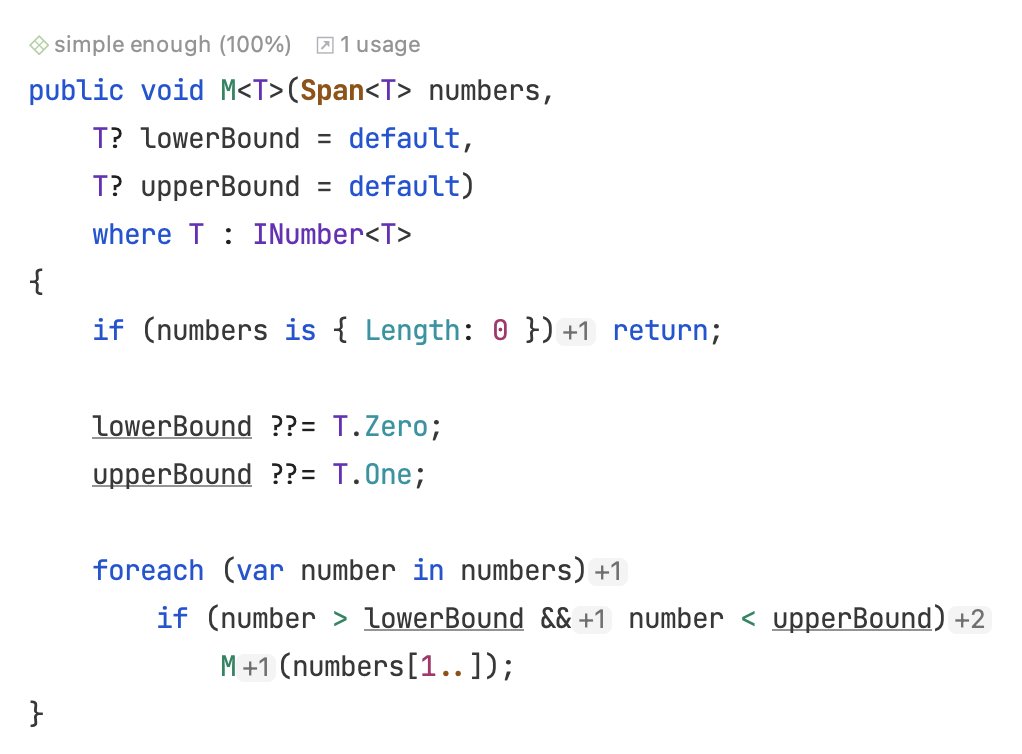 matkoch87's tweet image. Powered by #CodeVision and #InlayHints 💪
That was a really fun plugin to write 😃 Btw, here is the cleaned-up version after refactorings. Simple enough! 😅
#NonProductionCode