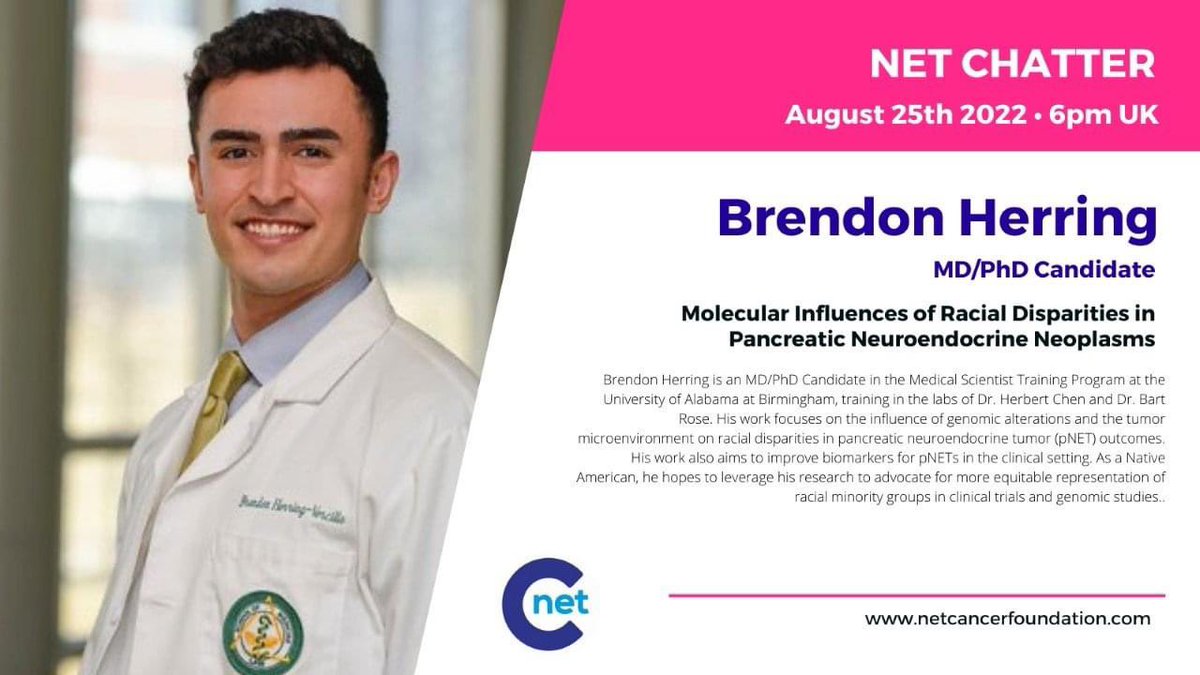 rachaelguenter's tweet photo. ‼️ Today at 12pm CT / 1pm ‼️ @brendonherring will speak about molecular influences of racial disparities in #pancreaticNETs at @netcancerfound’s #NETChatter!!
📩message me for the link! https://t.co/w0XmGefjf3