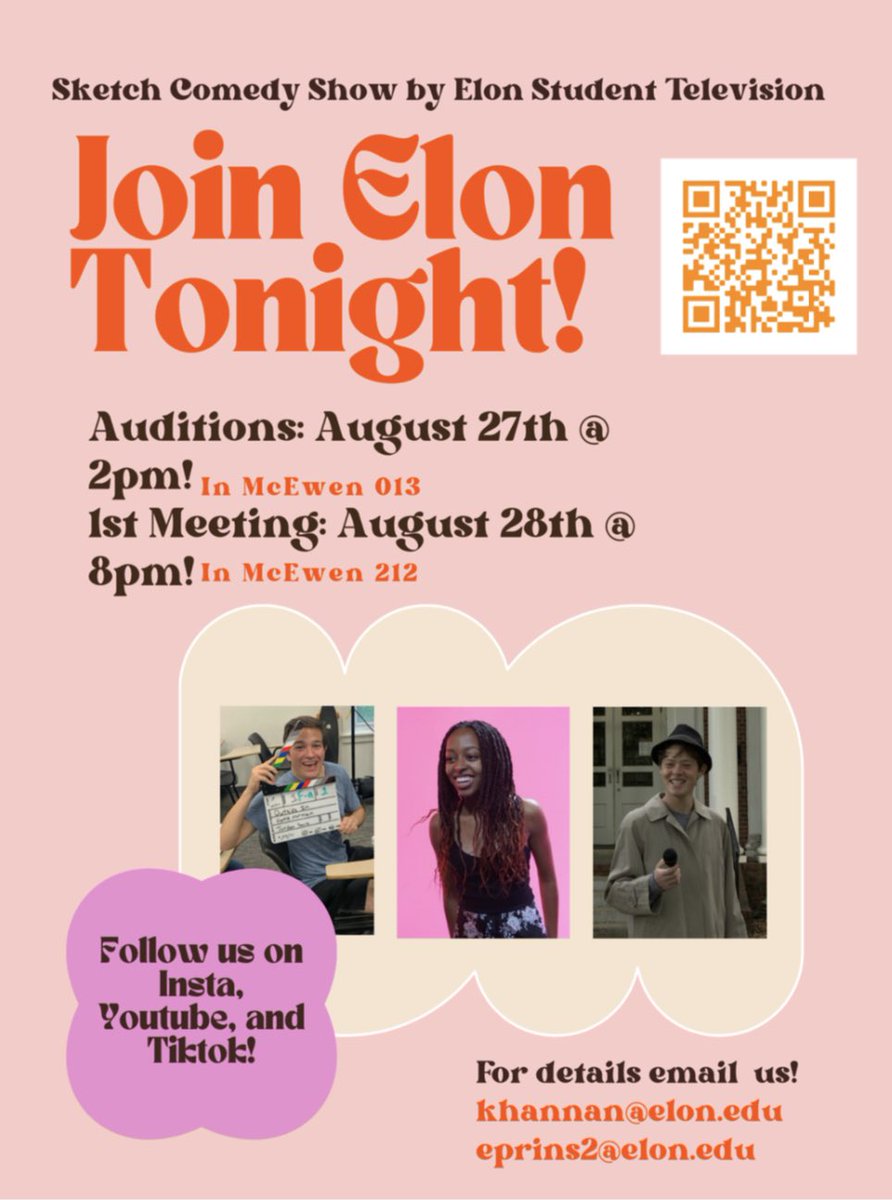 ElonStudentTV's tweet photo. Do you like SNL? Do you like comedy? Do you think you’re funny? If you answered yes to any of those then you should join @elontonight. https://t.co/MVbDdTRTVK