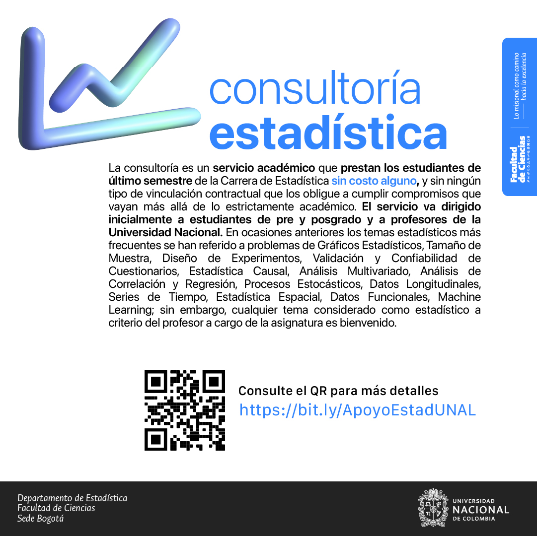 EstadisticaUN's tweet photo. Ya puedes acceder al servicio de consultoría en  #Estadística que es prestado por nuestra comunidad de #estudiantes.
👉Ingresa y consulta los detalles: https://t.co/pmgAVJYaXH https://t.co/Cf1oqRSYMa