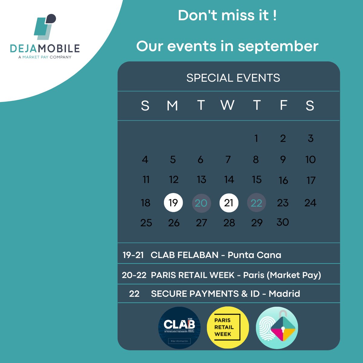dejamobile's tweet photo. Events is coming !
From 18 to 21 September, dejamobile will be present at #CLAB2022 by FEDERACIÓN LATINOAMERICANA DE BANCOS - FELABAN at #puntacana, and on Sept 22, we will be exhibiting at #SECUREPAYMENTSIDCONGRESS by #IFAES in #Madrid, more information : sales@dejamobile.com https://t.co/NqZEORQfUL