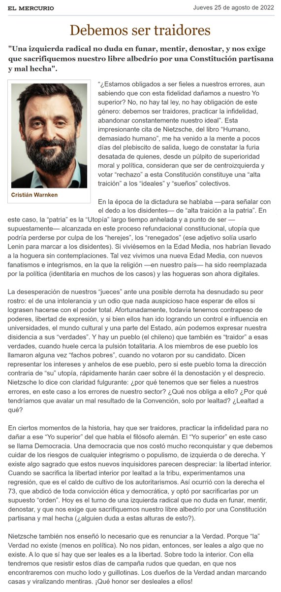 sergiou01329861's tweet photo. Cristián Warnken: "Una izquierda radical que no duda en funar, mentir, denostar, y que nos exige sacrificar nuestro libre albedrío por una Constitución partisana y mal hecha.
Los dueños de la Verdad andan marcando casas y viralizando mentiras. ¡Qué honor ser desleales a ellos!". https://t.co/tlgWpcdN25