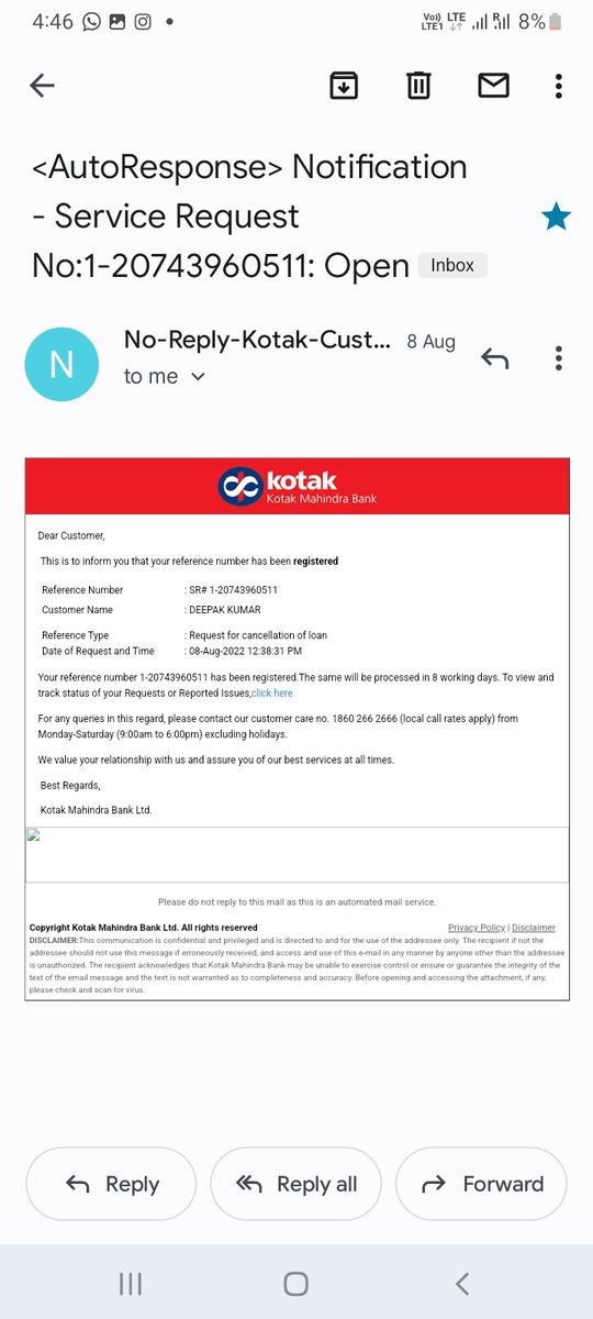 deepakkr01's tweet photo. Dear @KotakBankLtd ,
I had taken a consumer Durable loan(Loan no.13950676)But I request to Bank Cancil this Loan A/C in 6thAug.2022 (All Amount of Purchase/Consumer Finance From Merchant Sended To Bank-RRN is 1558419927942 But Till Now No Response From Bank to Close this Loan A/c https://t.co/4OG3NUZqug