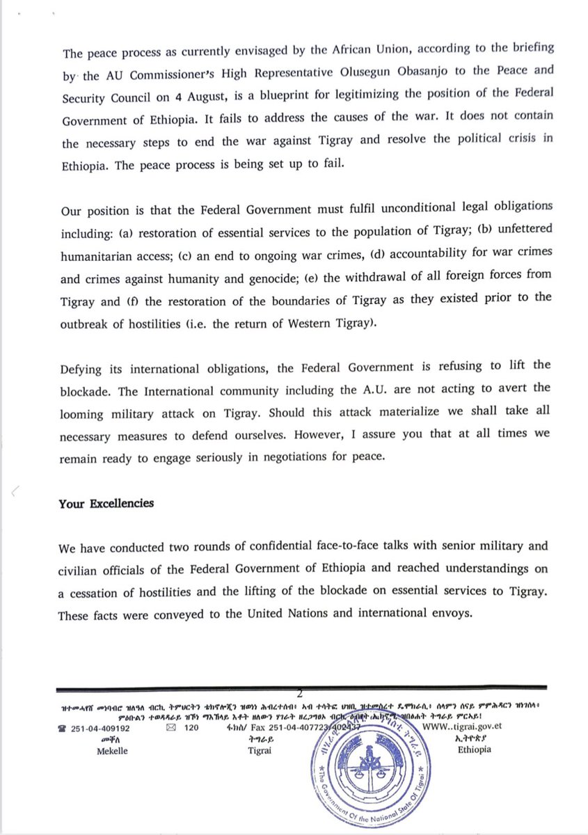 Open letter From the Government of Tigray 
To ⬇️
@Macky_Sall
@UhuruKE
@MohamedBinZayed
@CyrilRamaphosa 
@antonioguterres
@UN
@JosepBorrellF
@SecBlinken
@AUC_MoussaFaki
@AUC_PAPS
@Oolusegun_obj

@Mulu999344782
#TigrayIsUnderAttack
#StopWarOnTigray pic.twitter.com/0wi6Fn9dI4